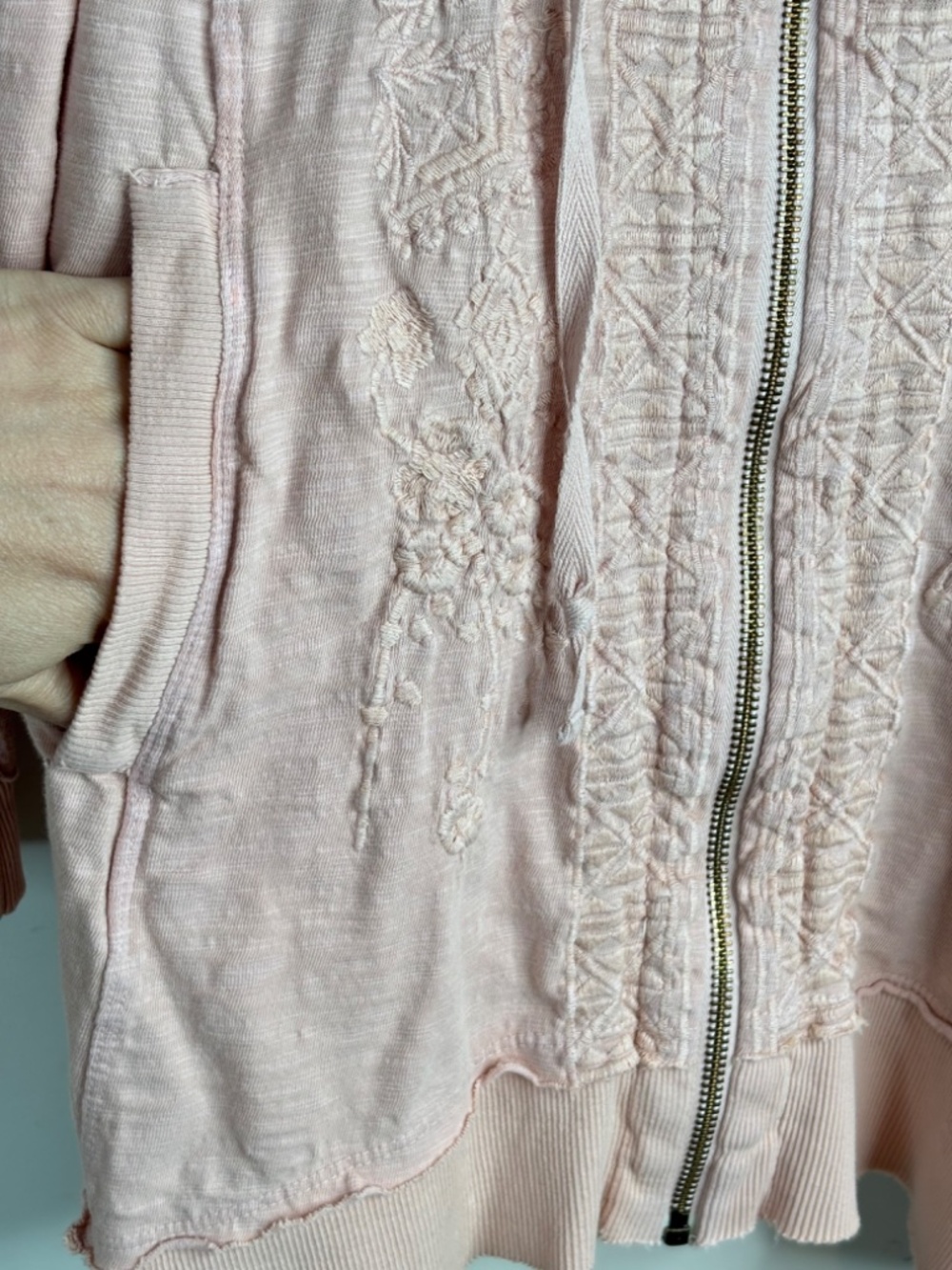 Soft Surroundings Corrina Pink Floral Embroidered Hoodie L Zip Up Boho Lagenlook - Picture 4 of 10